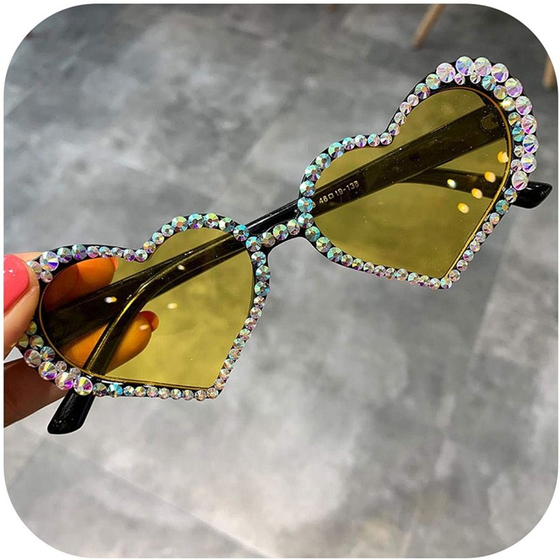 Cat Eye Vintage Heart Sunglasses Women Fashion Luxury Rhinestone Decoration Cat Eye Men Eyeglasses Clear Glasses - Yellow - C...