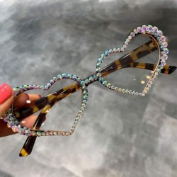 Cat Eye Vintage Heart Sunglasses Women Fashion Luxury Rhinestone Decoration Cat Eye Men Eyeglasses Clear Glasses - Yellow - C...