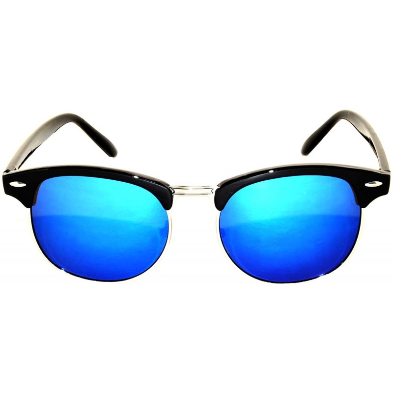 Oval Retro Classic Sunglasses Metal Half Frame With Colored Lens Uv 400 - Black_blue_mirror - CQ12O8AERVQ $9.39