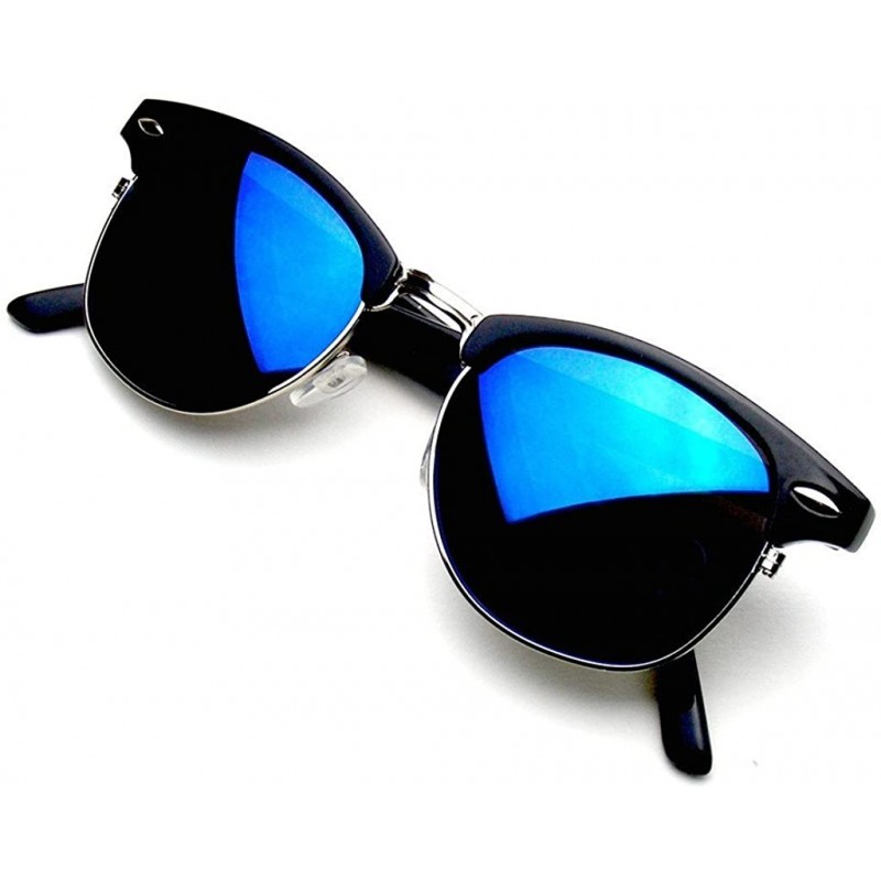 Round Classic Half Frame Horned Rim Gold Accent Half Frame Sunglasses - Blue - CY12NUU43XO $8.59