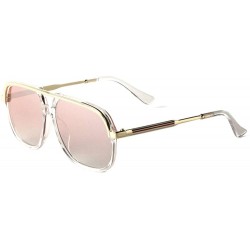 Aviator Round Flat Lens Elongated Curved Top Bar Color Temple Lines Aviator Sunglasses - Pink Crystal - CM197WQ7T2G $25.64
