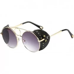 Round Women's Fashion Sunglasses Metal Round Frame Eyewear With Leather - Gold Black Gray - CP18W7GSY8Q $48.98