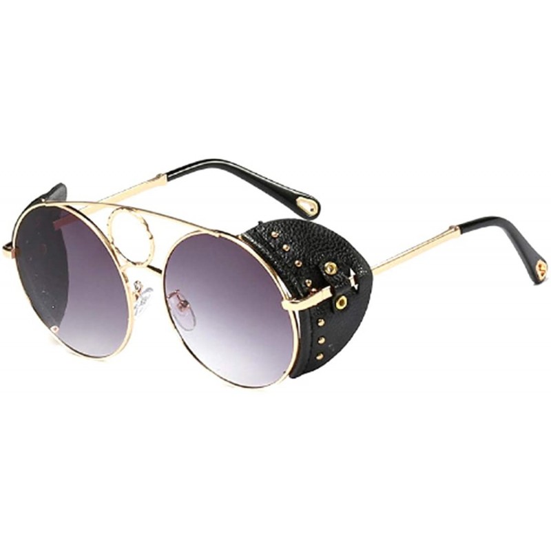 Round Women's Fashion Sunglasses Metal Round Frame Eyewear With Leather - Gold Black Gray - CP18W7GSY8Q $29.52