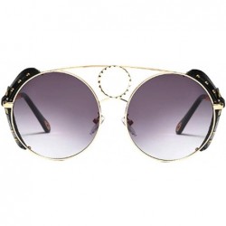 Round Women's Fashion Sunglasses Metal Round Frame Eyewear With Leather - Gold Black Gray - CP18W7GSY8Q $29.52
