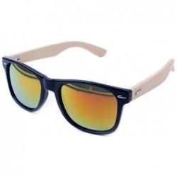 Round Men's Bamboo Wood Arms Classic Sunglasses Wayfer Lens 55mm - Black/Red - CW12FU83J9R $27.36