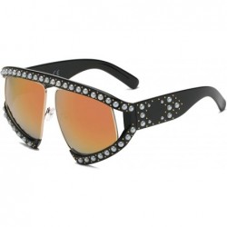 Shield Women Retro Half Frame Shield Rhinestone Pearls Large Oversized UV Protection Fashion Sunglasses - Orange - C818WTI8O2...