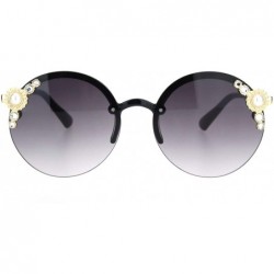 Round Womens Rhinestone Pearl Floral Jewel Rimless Round Circle Lens Sunglasses - Black Gold Smoke - CA18OQU48HZ $15.53