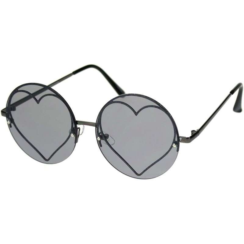 Round Womens Round Circle Frame Sunglasses Glittery Heart Metal Rim UV 400 - Gunmetal (Grey) - C51936D4C86 $14.37