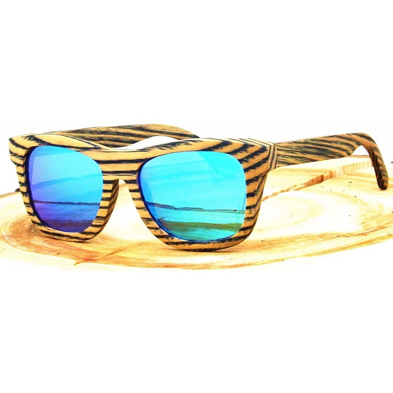 Square Polarized Real Solid Handmade Bamboo Wood Engraving Blue Sunglasses for Men & Women - Zebra - CB18GDC4Z0U $13.43