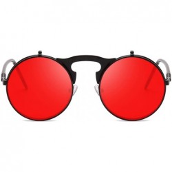 Round Round Sunglasses for Men Women 90's Retro Steampunk Style Flip Up Circle Sunglasses - Black Frame/Red Lens - CD18Z76E6E...