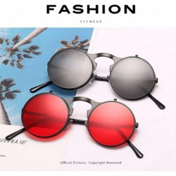 Round Round Sunglasses for Men Women 90's Retro Steampunk Style Flip Up Circle Sunglasses - Black Frame/Red Lens - CD18Z76E6E...