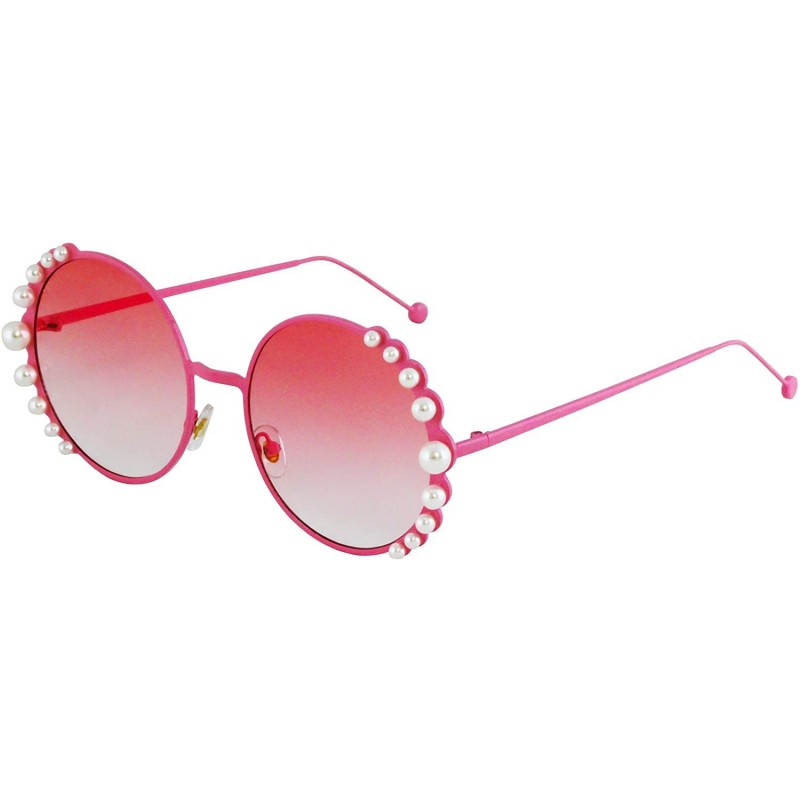 Shield Fashion Round Pearl Decor Metal Frame Women's Sunglasses UV Protection - Pink - C518TLE42WD $10.21