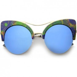 Wrap Women's Flat Lens Floral Print Semi-Rimless Round Cat Eye Sunglasses 52mm - Green-blue-floral / Blue Mirror - CP12KUKMOU...