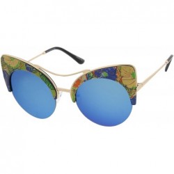 Wrap Women's Flat Lens Floral Print Semi-Rimless Round Cat Eye Sunglasses 52mm - Green-blue-floral / Blue Mirror - CP12KUKMOU...