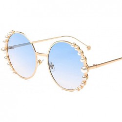 Round UV400 Pearl Sunglasses Women Metal Frame Round Sunglasses Mirror Pearl Sun Glasses - Gold-blue - CM18U34LY7M $23.41