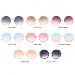 Round UV400 Pearl Sunglasses Women Metal Frame Round Sunglasses Mirror Pearl Sun Glasses - Gold-blue - CM18U34LY7M $23.41