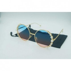 Round UV400 Pearl Sunglasses Women Metal Frame Round Sunglasses Mirror Pearl Sun Glasses - Gold-blue - CM18U34LY7M $23.41