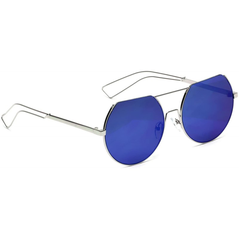 Round Round Sunglasses Metal Cut Off Frame Men Women Fashion - Silver + Blue Mirror Lens - CP18EW3ZT0W $8.11