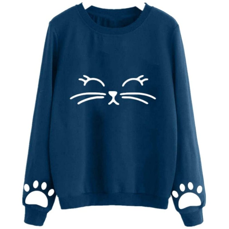 Round Women Autumn and Winter Cat Weater Round Neck Long Sleeve Regular Blouse Loose Solid Color Soft Comfy Top - Navy - CJ18...