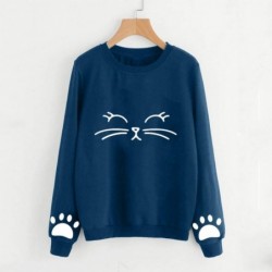 Round Women Autumn and Winter Cat Weater Round Neck Long Sleeve Regular Blouse Loose Solid Color Soft Comfy Top - Navy - CJ18...