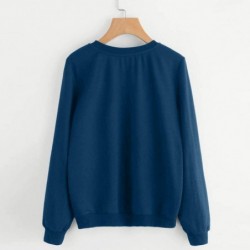 Round Women Autumn and Winter Cat Weater Round Neck Long Sleeve Regular Blouse Loose Solid Color Soft Comfy Top - Navy - CJ18...