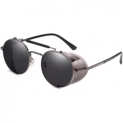 Shield Steampunk Style Round Vintage Sunglasses Retro Eyewear UV400 Protection for Men Women - Gray Frames Black Lens - CY18A...