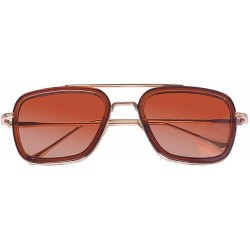 Square Retro Sunglasses Square Metal Frame for Men Women Tony Stark Sunglasses Downey Iron Man - Brown Frame/Brown Lens - C11...