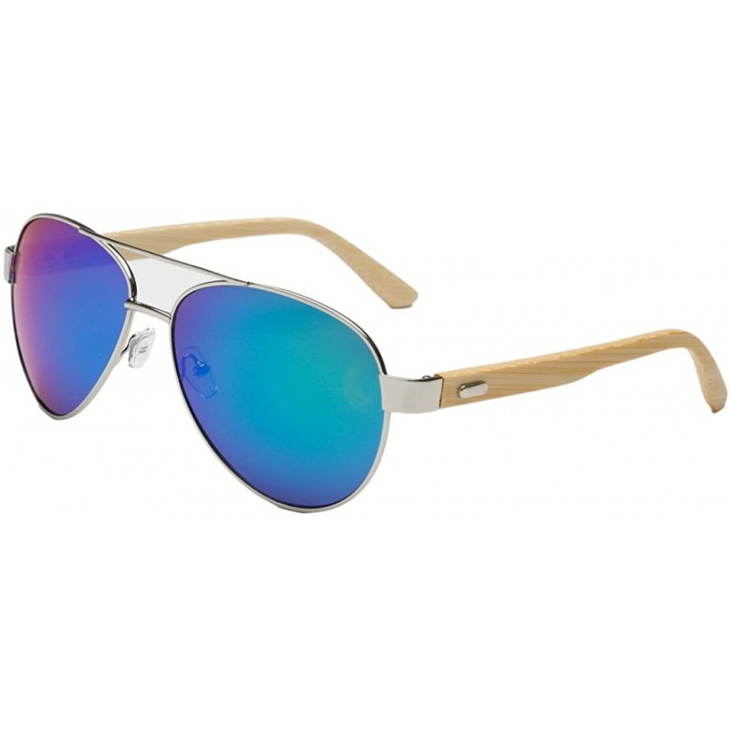 Oversized Unisex Wooden Bamboo Aviator Sunglasses Classic Retro Designer Uv400 60mm - Silver/Green - CE12EMXXJQ9 $13.82