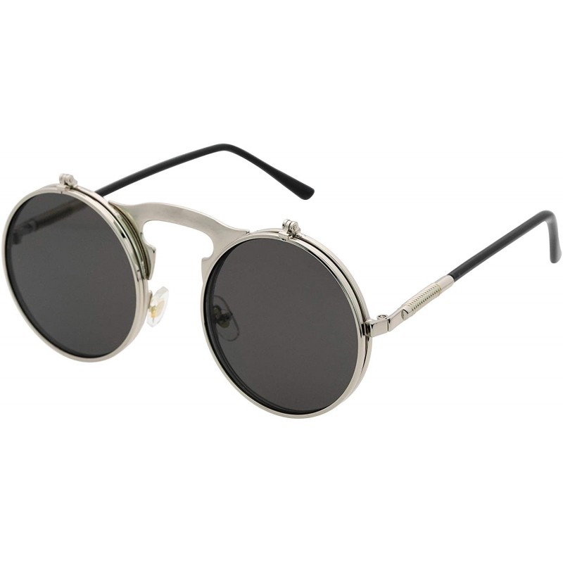 Round Flip up Steampunk Round Circle Retro Sunglasses - Silver-black - CA18Z3ZZW2D $12.56