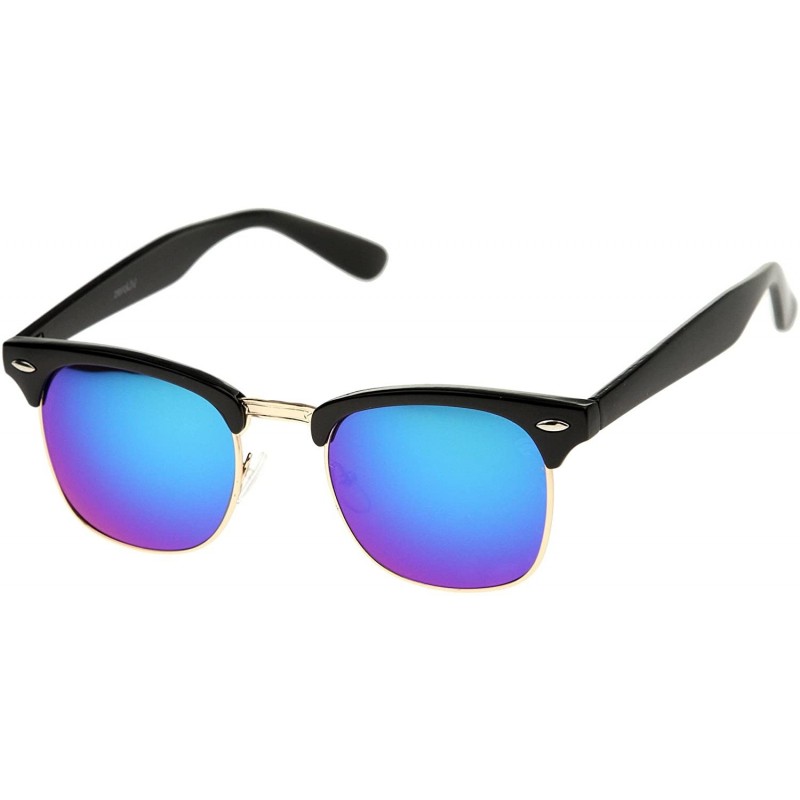 Oversized Half Frame Semi-Rimless Horn Rimmed Sunglasses - Black-gold / Green-blue Mirror - CC11AZY4IZZ $10.81