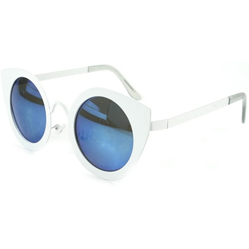 Round Milo" Women's Designer Retro Round Cateye Sunglasses with Mirror Lens - White W/ Blue Lens - C312H56NDIT $11.24