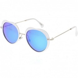 Oversized Women's Unique Thin Metal Arms Round Color Mirrored Lens Heart Sunglasses 54mm - Silver White / Blue Mirror - CQ186...