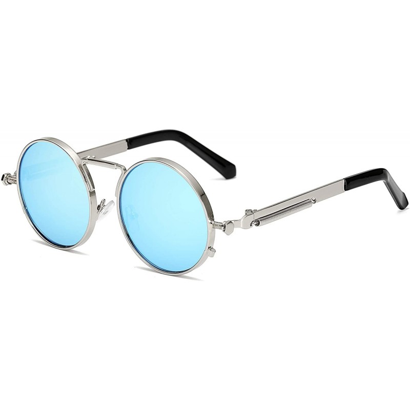 Round Retro Round Circle Metal Frame Steampunk Sunglasses for Women Men3334 - Silver-blue - CC18Q577LLU $9.66