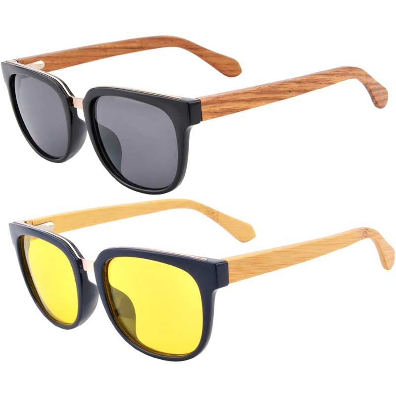 Oval Bamboo Wood Sunglasses Polarized Night Vison Driving Glasses with Ant Blue Light Function-TY569 - C41935X37H5 $18.11