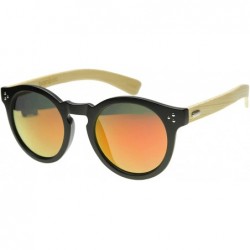 Round Eco-Friendly Genuine Bamboo Flash Mirror Horn Rimmed Round Sunglasses - Matte Black / Fire - CO122XJAOP7 $25.19