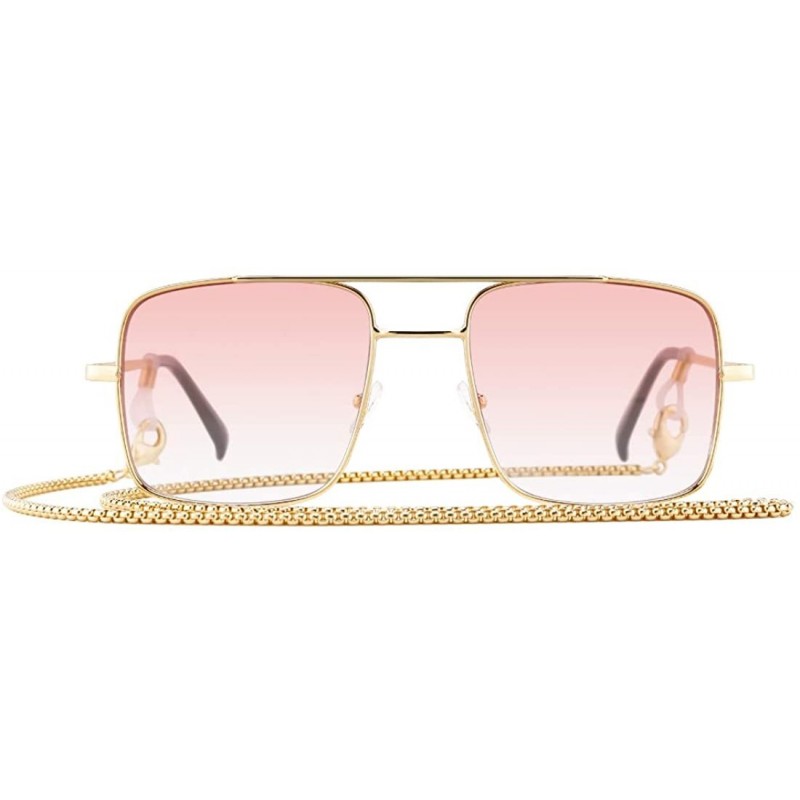 Rectangular Retro Oversize Sunglasses for Men Women Tinted Lens Metal Sun Glasses - 02-pink(with Chain) - CD1936TWA7W $16.08