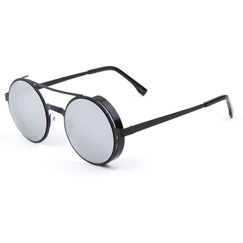 Round Flat Top Bar Edge Lens Shield Round Sunglasses - Grey Black - CA1903UW90Q $11.88