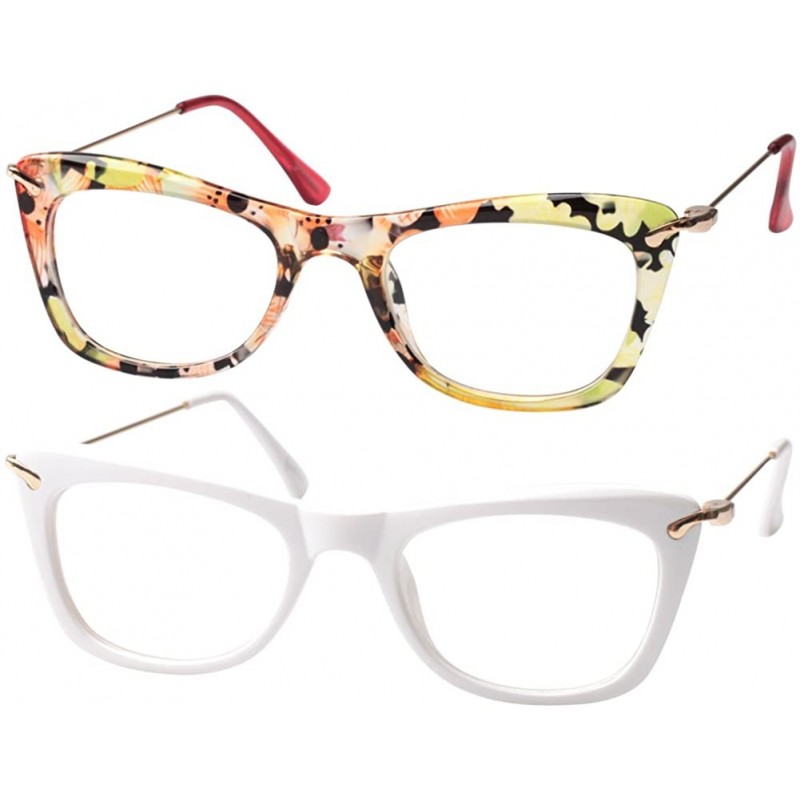 Cat Eye Womens Fashion Designer Cat Eye Eyeglasses Frames with Metal Arms - 2 Pairs / White + Green Floral - CS18G8NWL07 $12.58