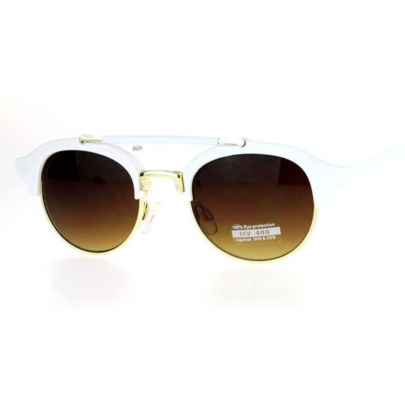 Round Retro Vintage Double Bridge Hipster Half Rim Sunglasses - White Brown - CG12ITP8E6V $9.67