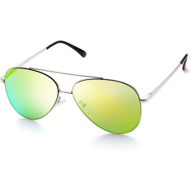 Aviator Aviator Sunglasses Designer Eyewear Protection - Silver Frame Yellow/Green Mirrored Lens - CO17YSCL6XY $10.93