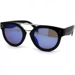 Round Retro Vintage Style Round Thick Horn Metal Bridge Sunglasses - Black Silver Blue Mirror - CA197NHIOGA $18.49