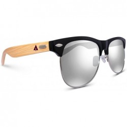 Round Wooden Bamboo Sunglasses Temples Half Frame Rim Vintage - Silver Lenses W/ Pouch - CK11XLXGY7D $59.47