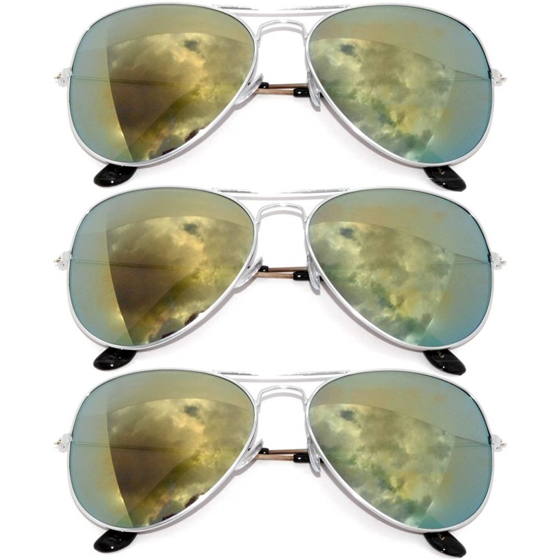 Aviator Classic Silver Metal Frame Flash Mirror Lens 3 Pairs - 3 Pack Silver Frame Yellow Mirror Lens - CB11MPTRY9V $9.77