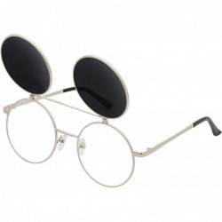 Round Retro Flip-Up Round Goggles Seampunk Sunglasses - Sliver-sliver - CS185UDI3II $16.58