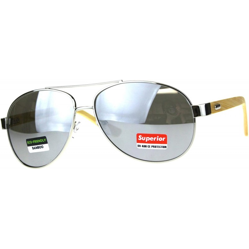 Aviator Real Bamboo Wood Temple Sunglasses Oval Aviator Unisex Shades UV 400 - Silver (Silver Mirror) - C618D2WEXR4 $17.00