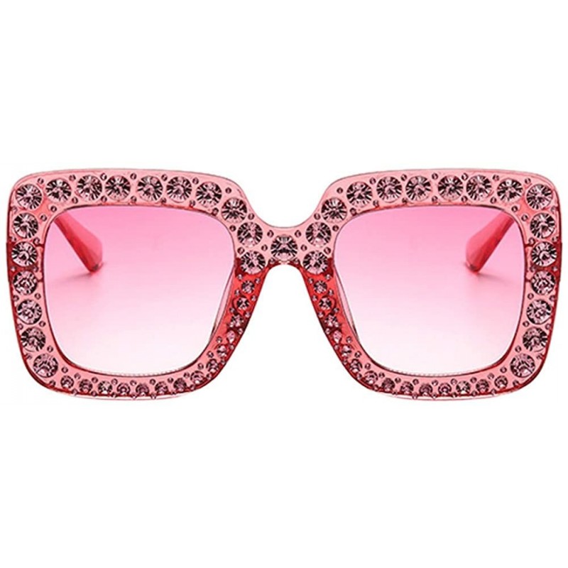 Square Women Oversized Square Large Frame Bling Rhinestone Vintage Sunglasses - Pink Frame & Red Lens - CC18CX752CH $11.93
