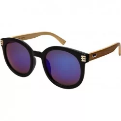 Round Retro Round Horned Rim Bamboo Sunglasses Wood Women Mirrored Lens 34124BM-REV - C718C4ES86R $25.55