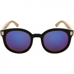 Round Retro Round Horned Rim Bamboo Sunglasses Wood Women Mirrored Lens 34124BM-REV - C718C4ES86R $16.26