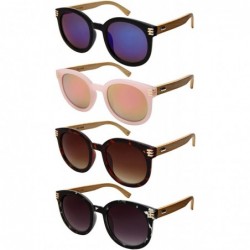 Round Retro Round Horned Rim Bamboo Sunglasses Wood Women Mirrored Lens 34124BM-REV - C718C4ES86R $16.26