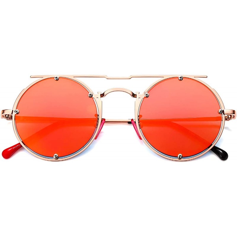 Round Retro Round Sunglasses Frame Fashion Mirrored Driving Steampunk Rivet Style UV400 - Red-rose Gold - CI196ELHHIZ $7.71